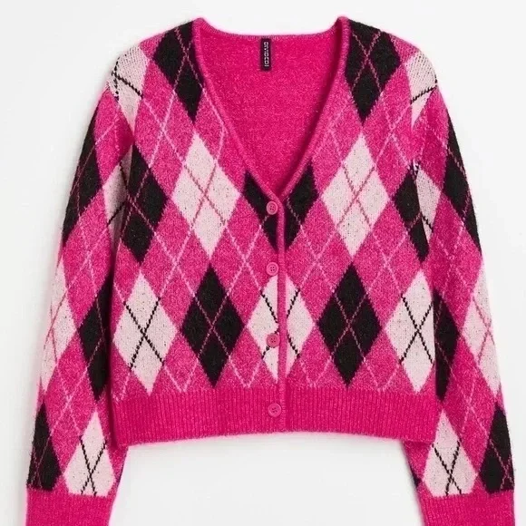 H&M | Divided Knit Argyle Pink Cardigan Sweater - Picture 5 of 6